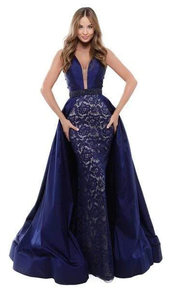 Tarik Ediz - Embellished Deep V-neck Lace Dress With Overskirt 50430 - 1 Pc Navy In Size 4 Available 3 Tarik Ediz - Embellished Deep V-neck Lace Dress With Overskirt 50430 - 1 Pc Navy In Size 4 Available