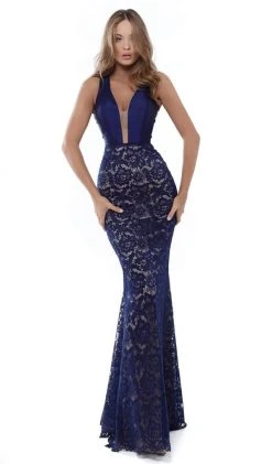 Tarik Ediz - Embellished Deep V-neck Lace Dress With Overskirt 50430 - 1 Pc Navy In Size 4 Available 8 Tarik Ediz - Embellished Deep V-neck Lace Dress With Overskirt 50430 - 1 Pc Navy In Size 4 Available