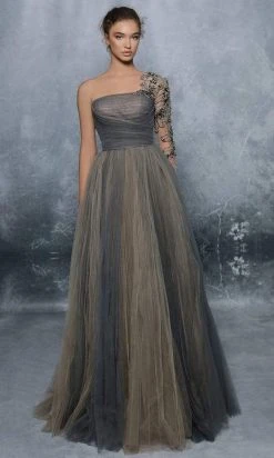 Formal Gowns Tarik Ediz - Embroidered Tulle Single Sleeve Ballgown 96001