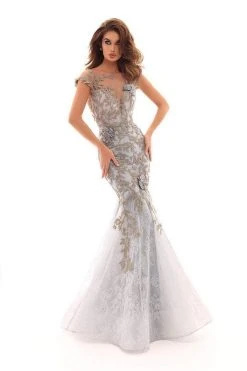Tarik Ediz - Floral Embroidered Illusion Bateau Mermaid Dress 93661 - 1 Pc Cloudy Blue In Size 12 Available Formal Gowns
