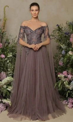 Tarik Ediz - Off Shoulder Tulle Evening Gown 98077 - 1 Pc Wood Rose In Size 4 Available