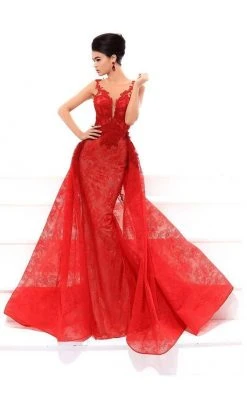 Tarik Ediz Plunging Illusion Applique Lace Overskirt Gown 93439 - 1 Pc Red In Size 6 Available