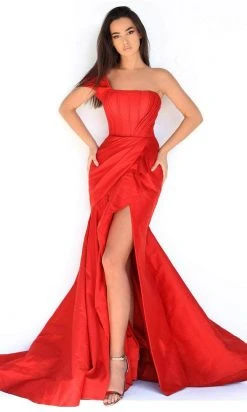 Formal Gowns Tarik Ediz - Ruffled Slit Mermaid Evening Gown 50869 - 1 Pc Red In Size 10 Available