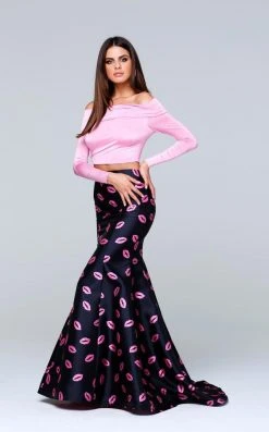 Formal Gowns Tarik Ediz - Two-Piece Print Off-The-Shoulder Neck Dress 50112