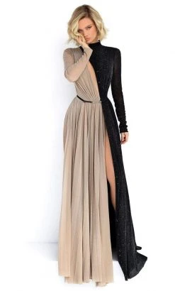 Tarik Ediz - Two-Tone Long Sleeves Evening Dress 50902 - 1 Pc Black/Stone In Size 10 Available Formal Gowns