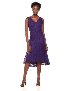 Taylor - 1144M Sleeveless Loops Trimmed V Neck Hi-Lo Hem Lace Dress Cocktail Dresses