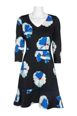 Taylor - 1180M Quarter Length Sleeved Floral Printed Crepe Dress