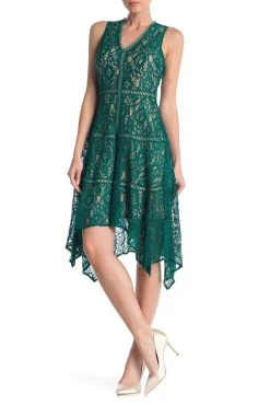 Cocktail Dresses Taylor - 1219M Sleeveless Floral Lace Handkerchief Hem Dress