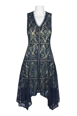 Cocktail Dresses Taylor - 1219M Sleeveless Floral Lace Handkerchief Hem Dress