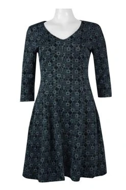 Taylor - 9209M V Neck Jacquard Quarter Length Sleeve Short Dress