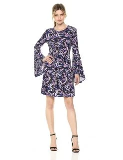Cocktail Dresses Taylor - 9338M Long Bell Sleeve Printed A-Line Dress
