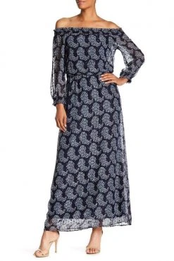 Taylor - 9604M Off Shoulder Printed Chiffon Maxi Dress Formal Gowns