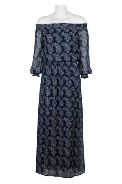 Taylor - 9604M Off Shoulder Printed Chiffon Maxi Dress Formal Gowns