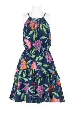 Taylor - 9682M Floral Print Tie Keyhole Front Dress Cocktail Dresses