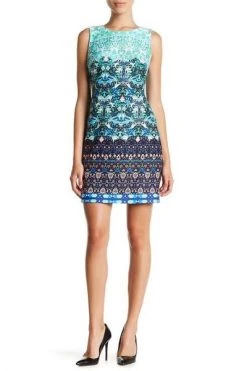 Taylor - Multi-Print Scuba Dress 9173MJ - 1 Pc Turq Multi In Size 8 Available