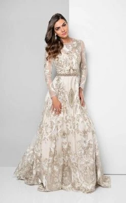 Terani Couture - 1712E3652 Metallic Appliqued Illusion Gown - 1 Pc White Gold In Size 12 Available Formal Gowns