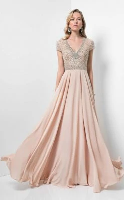 Formal Gowns Terani Couture 1712M3429 Cap Sleeve Crystal Overlaid Chiffon Gown