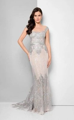 Formal Gowns Terani Couture - 1713M3505 Embroidered Lace Portrait Mermaid Gown - 1 Pc Gunmetal Nude In Size 4 Available