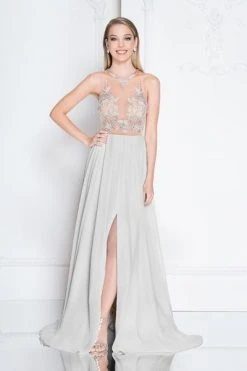 Terani Couture - 1811P5215 Beaded Nude Illusion Chiffon Gown