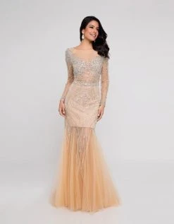 Terani Couture - 1811P5506 Beaded Nude Illusion Tulle Mermaid Gown Formal Gowns