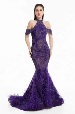 Formal Gowns Terani Couture - 1823GL7531 Beaded And Feathered Mermaid Dress