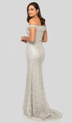 Terani Couture - 1911GL9516 Off-Shoulder Netted Gown With Slit