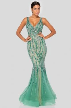 Terani Couture - 1912GL9573 Embellished V Neck Sleeveless Mermaid Gown Formal Gowns