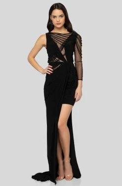 Terani Couture - 1913P8392 Embellished Bateau Sheath Dress With Train Formal Gowns