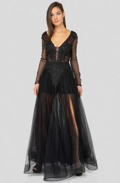 Formal Gowns Terani Couture - 1915P8344 Plunging V-Neck Long Sleeves Dress