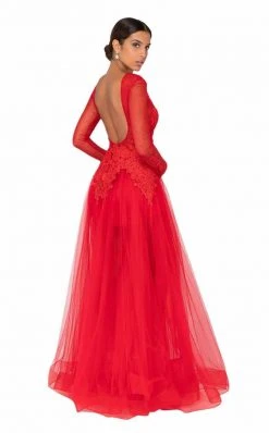 Formal Gowns Terani Couture - 1915P8344 Plunging V-Neck Long Sleeves Dress