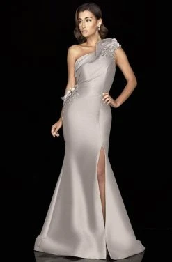 Formal Gowns Terani Couture - 2011E2427 Embellished Fold Over Long Gown - 1 Pc Taupe Ivory In Size 18 Available