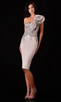 Terani Couture - 2111C4553 Beaded Asymmetrical Evening Dress - 1 Pc Pewter In Size 12 Available
