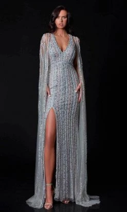 Terani Couture - 2111GL5059 Embellished V-neck Long Gown With Cape - 1 Pc Silver Blush In Size 16 Available Formal Gowns