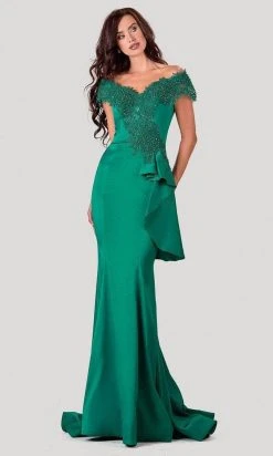 Terani Couture - 2111M5255 Embellished Off Shoulder Long Gown - 1 Pc Emerald In Size 10 Available