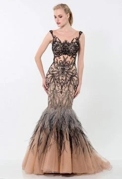 Formal Gowns Terani Couture - Baroque Illusion Mermaid Gown With Feather Fringes 1521GL0767A