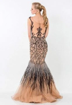 Formal Gowns Terani Couture - Baroque Illusion Mermaid Gown With Feather Fringes 1521GL0767A