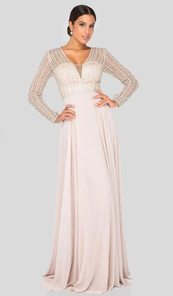 Formal Gowns Terani Couture - Bead-Striped Sheer Long Sleeve Chiffon Gown 1911M9326 - 1 Pc Champagne In Size 20 Available 3 Formal Gowns Terani Couture - Bead-Striped Sheer Long Sleeve Chiffon Gown 1911M9326 - 1 Pc Champagne In Size 20 Available