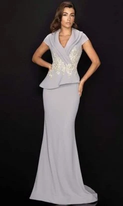 Terani Couture - Cap Sleeve Surplice Collar Appliqued Gown 2011M2135