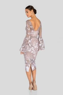 Cocktail Dresses Terani Couture - Long Bell Sleeve Embroidered Lace Dress 1913C9065 - 1 Pc Blush In Size 6 Available
