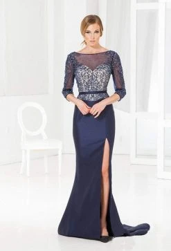 Terani Couture - M3847 Beaded Quarter Length Sleeves Trumpet Gown