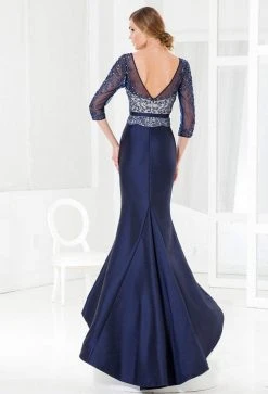 Terani Couture - M3847 Beaded Quarter Length Sleeves Trumpet Gown