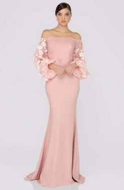 Formal Gowns Terani Couture - Off Shoulder Floral Accent Puff Sleeves Gown 1911E9128