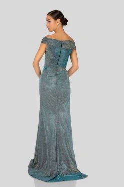 Terani Couture - Off Shoulder Shirred Metallic Gown 1911M9344 - 1 Pc. Gunmetal Silver In Size 12 Available Formal Gowns