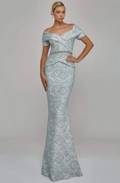 Terani Couture - Off Shoulder V Neck Beaded Belt Sheath Gown 1921M0727 Formal Gowns