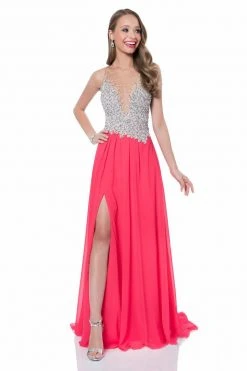 Terani Couture - Pearl Encrusted Illusion Evening Gown 1612P0502A Formal Gowns