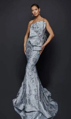 Formal Gowns Terani Couture - Pleat Fan Jacquard Mermaid Gown - 1 Pc Silver In Size 14 Available