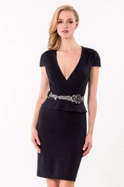 Terani Couture - Sculpted V-Neck Sheath Gown With Peplum Detail 1521C0232A Cocktail Dresses
