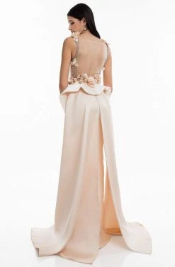 Terani Couture - Split Tail Floral Appliqued Mermaid Gown 1821E7122 - 1 Pc Taupe Silver In Size 12 Available