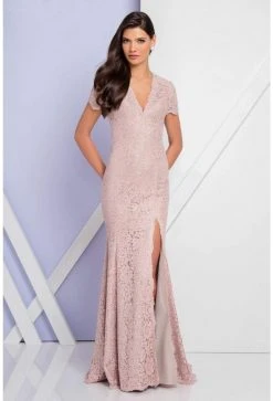 Terani Couture V Neck Long Sheath Lace Dress 1721M4317 - 1 Pc Blush Silver In Size 12 Available