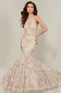 Formal Gowns Tiffany Designs - 16366 Floral Sequined Illusion Halter Mermaid Gown